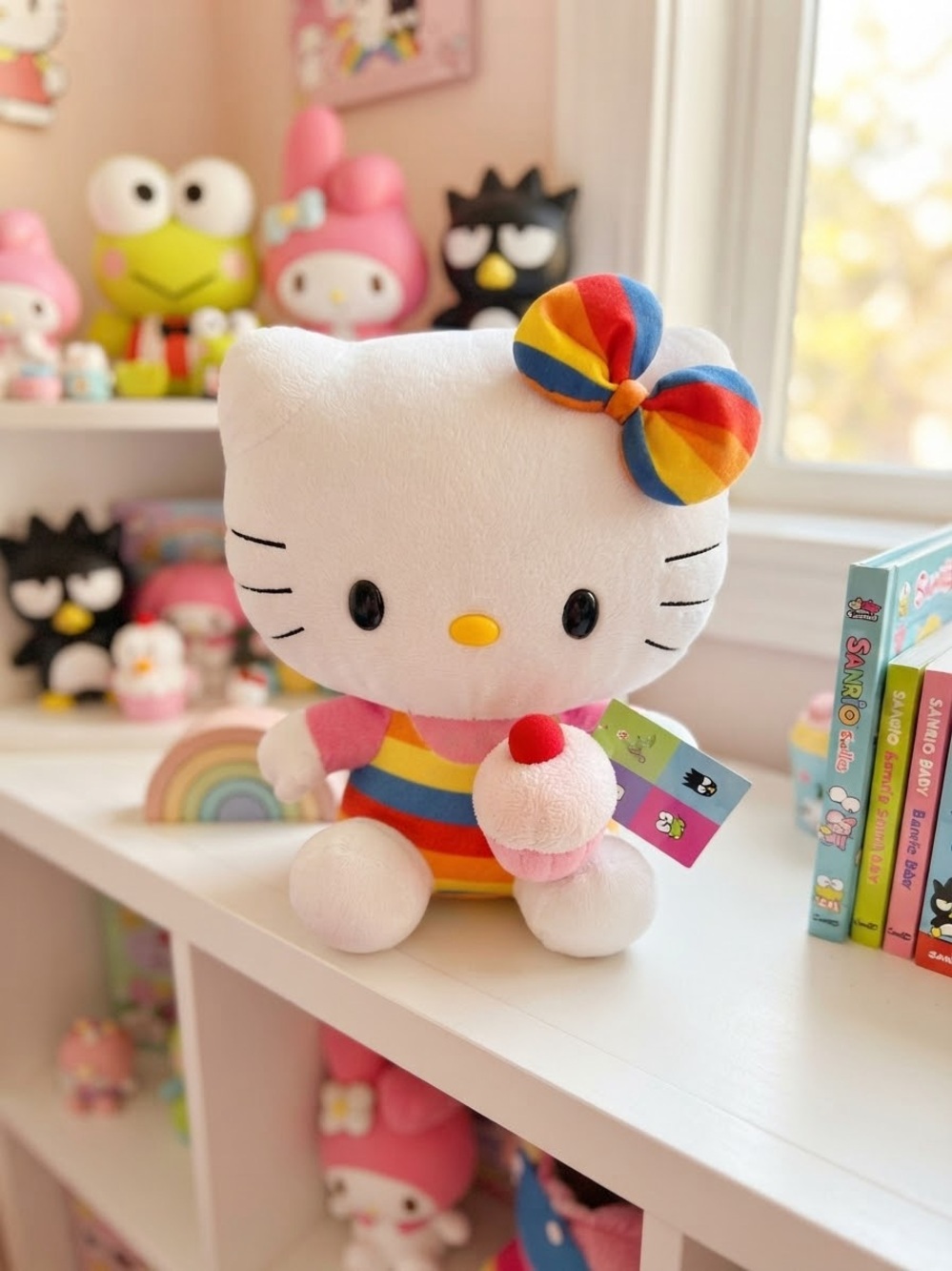 Hello Kitty Ty Beanie Baby Rainbow Bow Striped Outfit Holding Cupcake New Toy